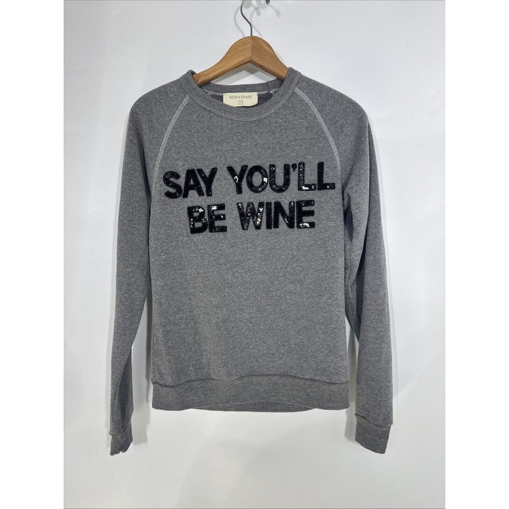 Bow & Drape Say You'll Be Wine Sequin‎ Gray Raglan Sweatshirt S